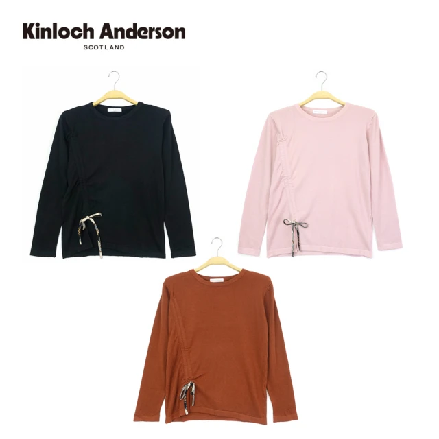 【Kinloch Anderson】金安德森女裝 圓領格紋側綁帶抓皺針織上衣T恤(粉紅/橙/灰)