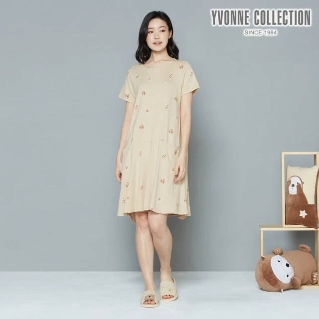 【Yvonne Collection】海獺印花不對稱下擺短袖洋裝(小麥棕)