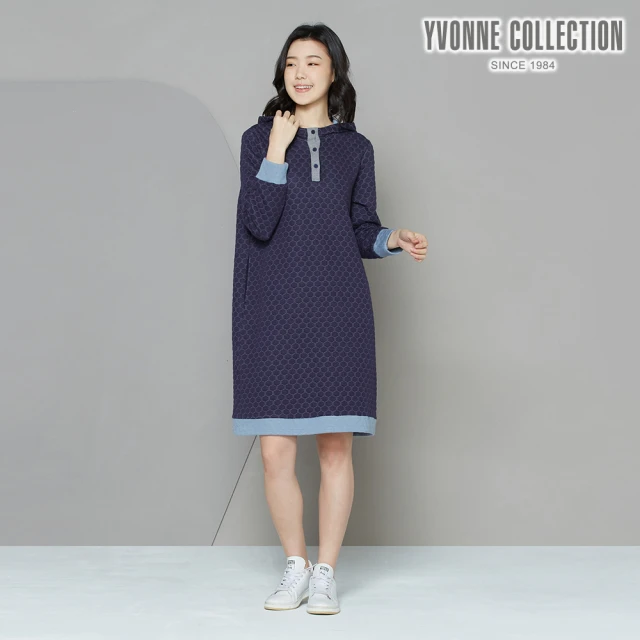 Yvonne Collection【Yvonne Collection】蜂巢緹花包紗連帽長袖洋裝(丈青)