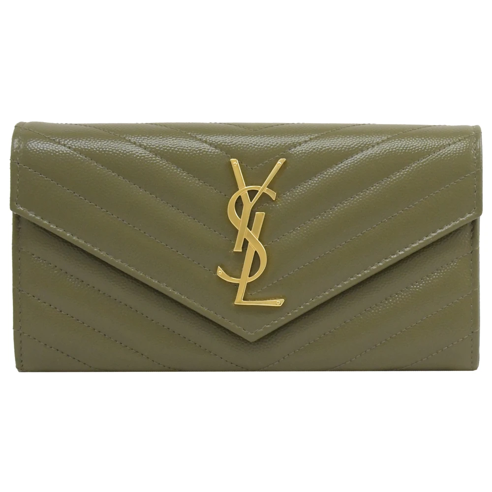 【YSL】金屬字母LOGO菱格V字紋扣式發財零錢長夾(橄欖綠)