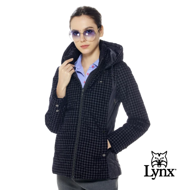 Lynx Golf【Lynx Golf】女款保暖舒適大千鳥格紋剪裁配布設計鏡面釘扣拉鍊口袋長袖可拆式連帽外套(黑色)