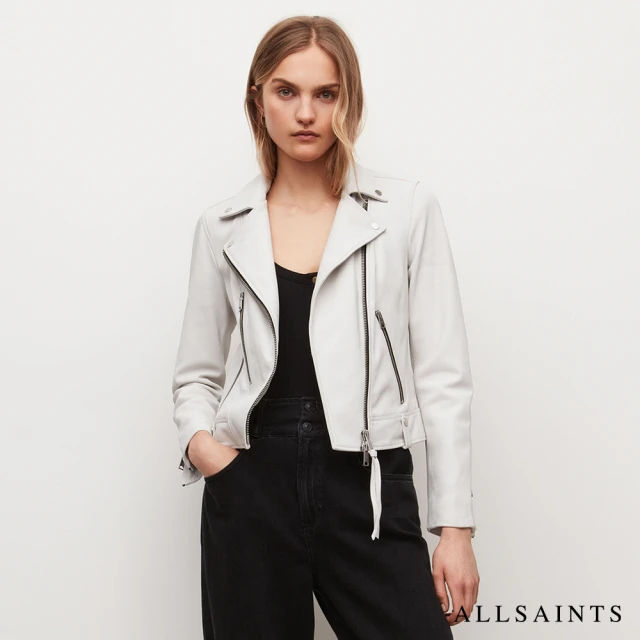 【ALLSAINTS】NEKO 率性雙口袋不對稱騎士皮衣外套-白(修身版型)