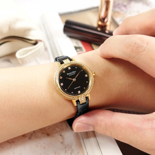 【Roven Dino 羅梵迪諾】優雅迷人 閃耀晶鑽 藍寶石水晶玻璃 陶瓷手錶 黑x金框 28mm(RD6094BG)