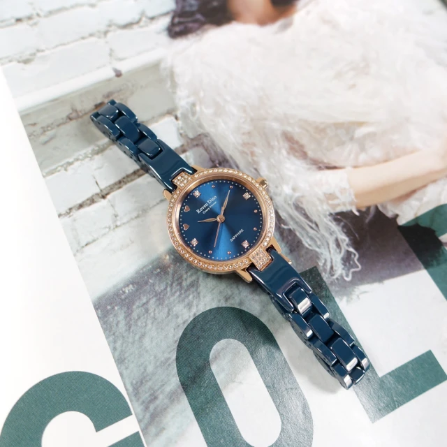 【Roven Dino 羅梵迪諾】優雅迷人 閃耀晶鑽 藍寶石水晶玻璃 陶瓷手錶 藍x玫瑰金框 28mm(RD6094BU)