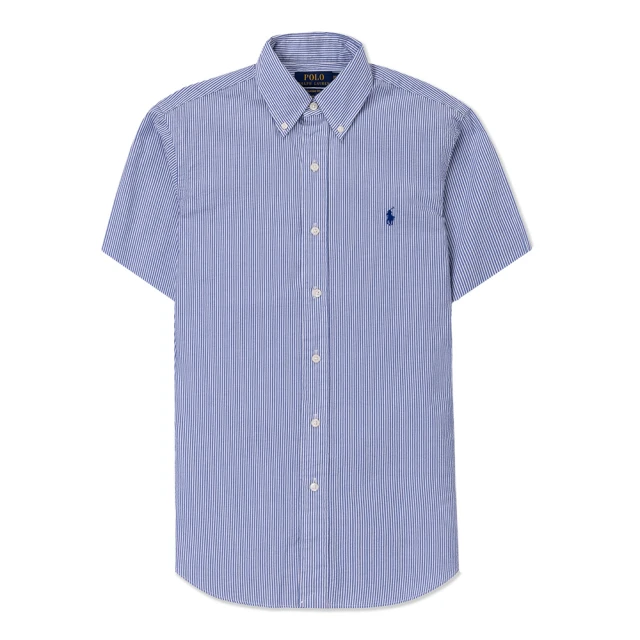 RALPH LAUREN【RALPH LAUREN】RL POLO 經典刺繡小馬商務短袖襯衫-灰藍白直條紋底色(CLASSIC FIT / 平輸品)