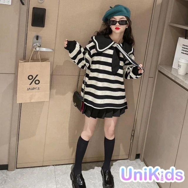 【UniKids】中大童2件式套裝設計感娃娃領條紋長袖上衣百褶短裙 女大童 JSMEF條紋(黑)