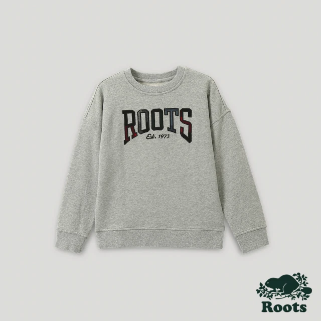 【Roots】Roots大童-格紋風潮系列 格紋元素寬版圓領上衣(灰色)