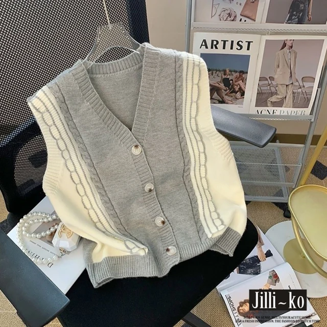 JILLI-KO【JILLI-KO】秋季新款小眾設計感外搭針織背心馬甲 -F(灰)