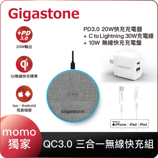 【Gigastone】iPhone快充組-10W布質無線快充充電盤+PD3.0 20W充電器+蘋果認證快充線(iPhone14充電必備組)