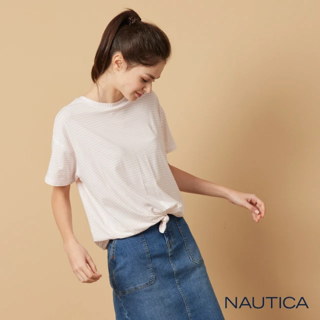 NAUTICA【NAUTICA】女裝 經典條紋扭結短袖T恤(淺粉)