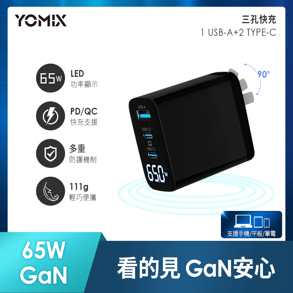 【YOMIX 優迷】65W GaN氮化鎵USB-C PD/QC3.0三孔功率顯示充電器/筆電快充(GaN-X5)