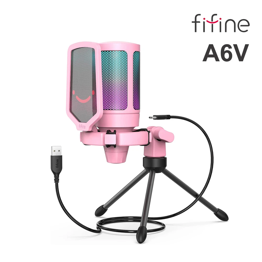 【FIFINE】USB心型指向電容式RGB直播麥克風-粉色款(A6V)