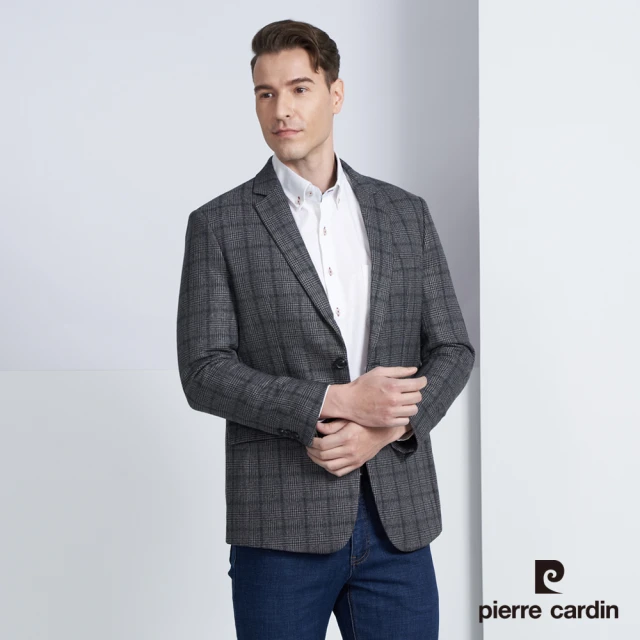 【pierre cardin 皮爾卡登】商務休閒 男款 時尚暗格紋休閒西裝/獵裝外套-深灰色(5225573-88)