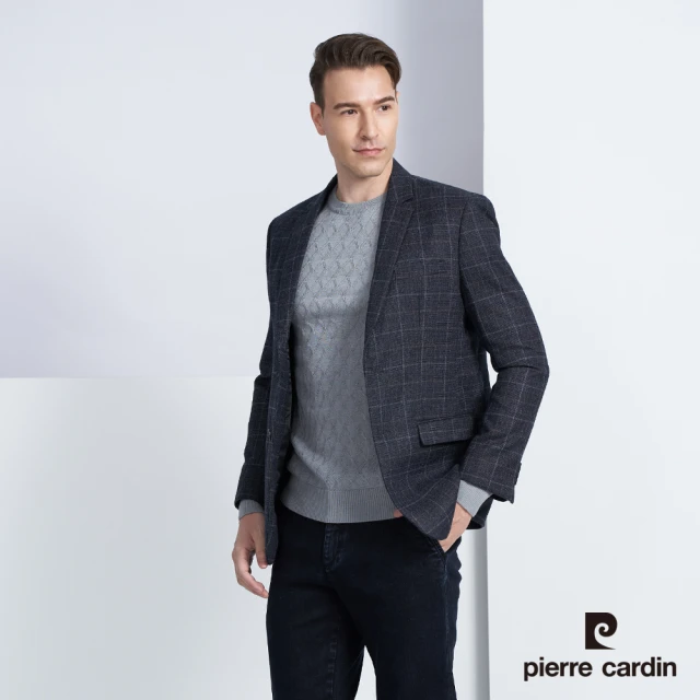 【pierre cardin 皮爾卡登】商務休閒 男款 時尚暗格紋休閒西裝/獵裝外套-深藍色(5225572-37)