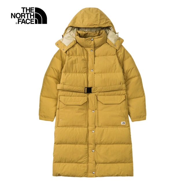 【The North Face】北面女款卡其色保暖防潑水寬鬆連帽長版羽絨外套｜7QFHZSF