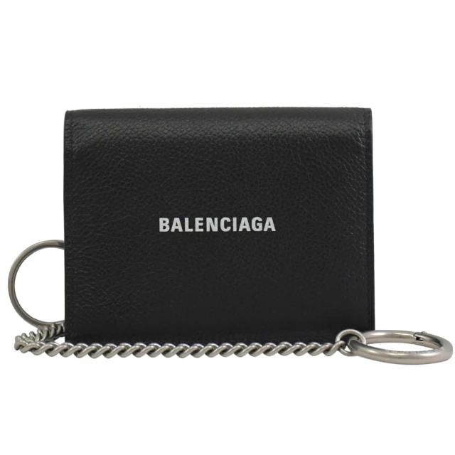 【Balenciaga 巴黎世家】簡約經典烙印LOGO牛皮附鑰匙掛鍊三折零錢短夾(黑)