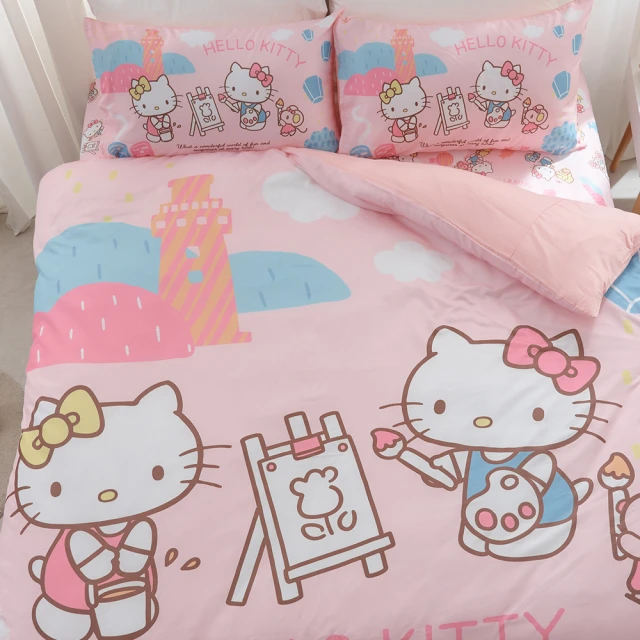 【戀家小舖】未來天絲枕套兩用被套床包四件組-雙人(Hello Kitty 風景繪)