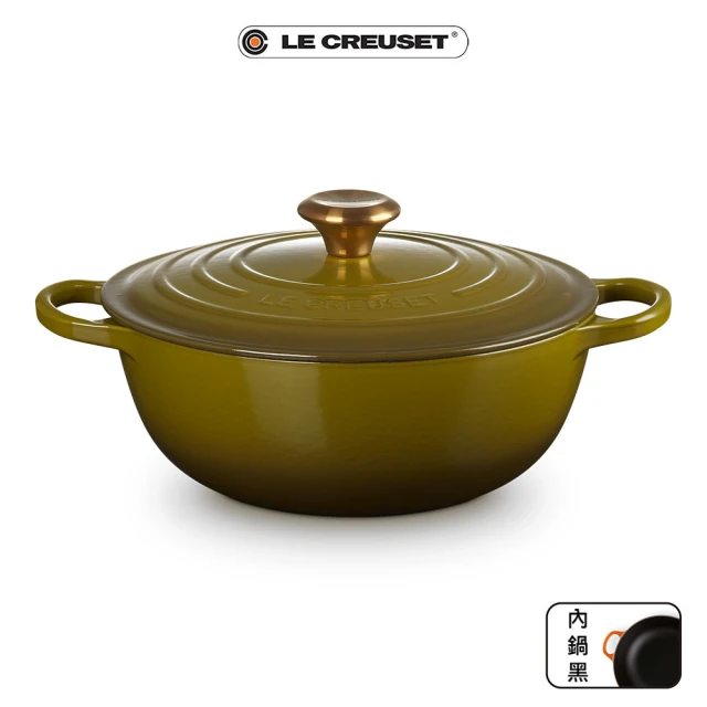 【Le Creuset】典藏琺瑯鑄鐵鍋媽咪鍋 28cm(橄欖綠-金頭-內鍋黑)