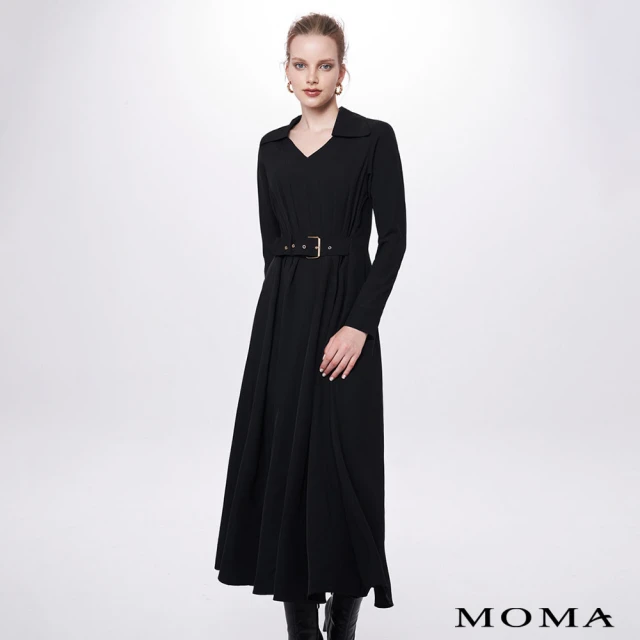【MOMA】設計感抓皺收腰翻領洋裝(黑色)