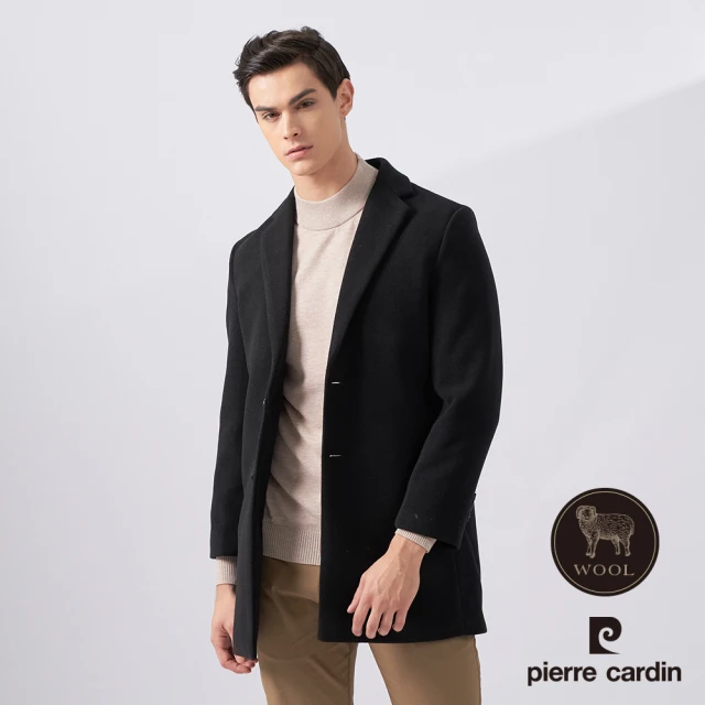 【pierre cardin 皮爾卡登】商務休閒 男款 中長版羊毛毛呢大衣-黑色(5225773-99)