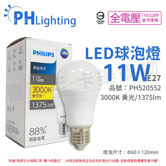 【Philips 飛利浦】12入 LED 11W E27 3000K 全電壓 黃光 新版 易省 球泡燈 _ PH520552