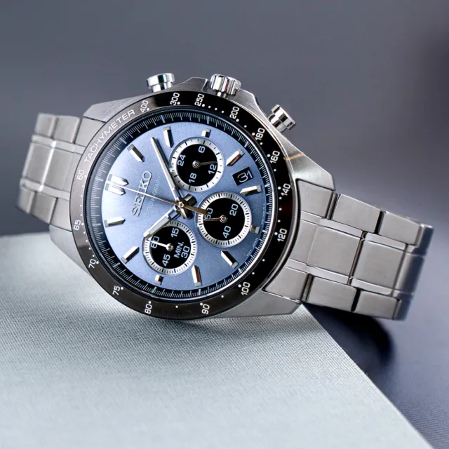 【SEIKO 精工】三眼時計 冰藍面盤 不鏽鋼腕錶(SBTR027_JP)