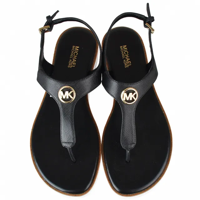 【Michael Kors】MK MICHAEL KORS JUDY THONG圓形LOGO牛皮橡膠T字涼鞋(黑x黑)