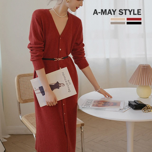 【Amay Style 艾美時尚】女裝 連身裙 法式優雅V領排扣針織洋裝。中大尺碼M-2XL(4色.預購)