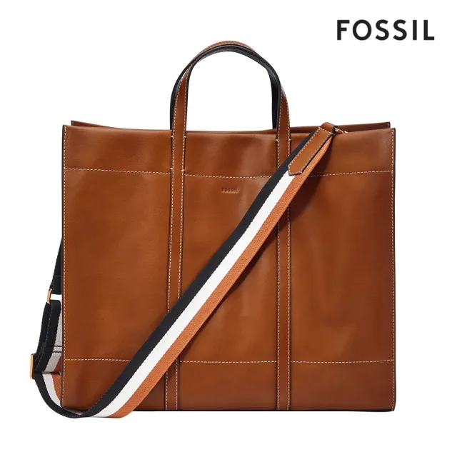 【FOSSIL 官方旗艦館】Carmen 真皮大容量兩用手提包-咖啡色 ZB7890213  邵雨薇推薦品牌(附條紋背帶)