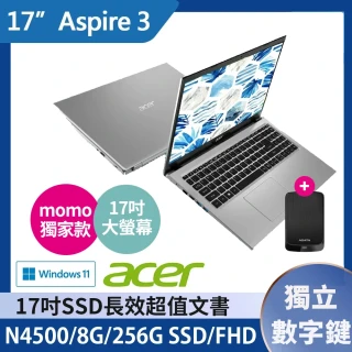 【贈1TB外接硬碟】Acer A317-33-C9L4 17.3吋 超值文書筆電-銀(N4500/8G/256G SSD/Win11)