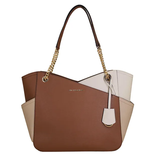 【Michael Kors】經典LOGO撞色皮革雙口袋肩背托特包(駝咖)