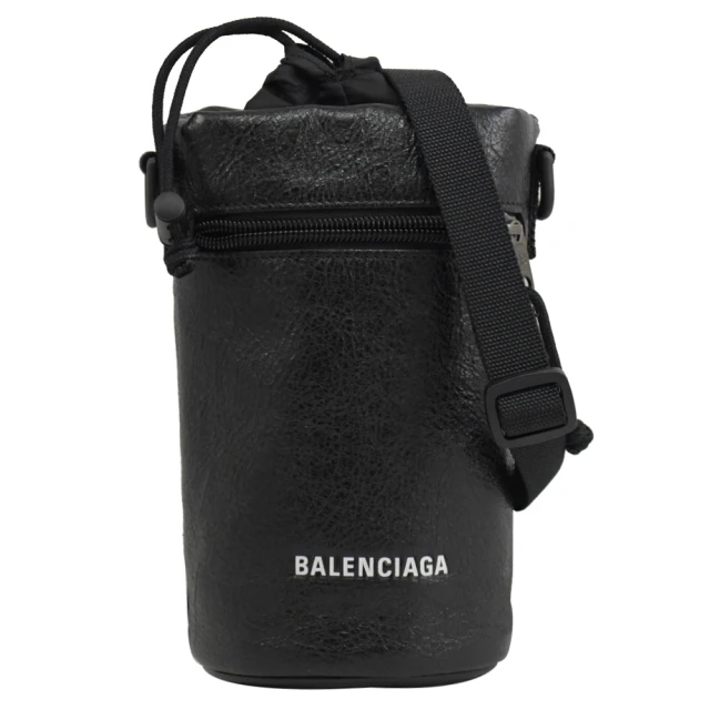 【Balenciaga 巴黎世家】簡約經典燙印LOGO小羊皮水壺袋水桶包斜背包(黑)