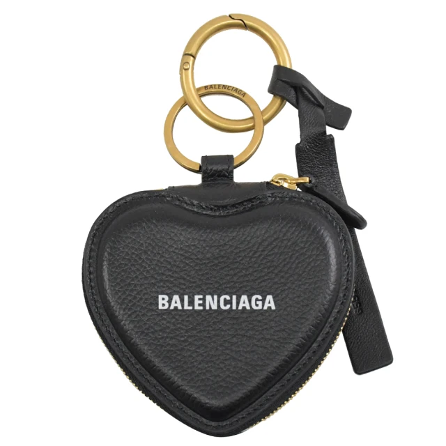 【Balenciaga 巴黎世家】簡約經典燙印LOGO小牛皮心型隨身鏡吊飾鑰匙圈(黑)