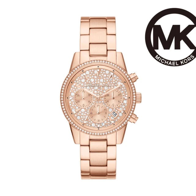 【Michael Kors】Ritz 奢華鑲鑽三眼計時女錶 玫瑰金色不鏽鋼鍊帶 37MM MK7302