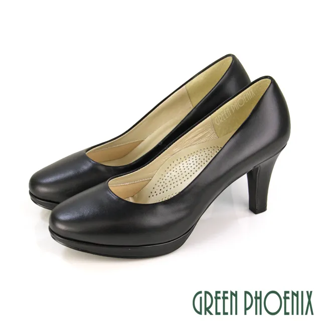 【GREEN PHOENIX 波兒德】女款台灣製自信舒適感基本款防水台牛皮素面圓頭高跟鞋/OL通勤面試(黑色)
