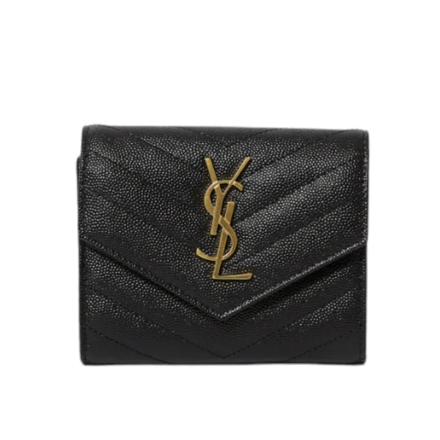 【YSL】SAINT LAURENT Monogram 皮革 三折開釦 短夾 卡夾 零錢包 黑+金色