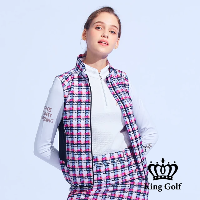 【KING GOLF】門市新品-女款小香風格子粗花毛呢印圖立領拉鍊背心外套(桃色)