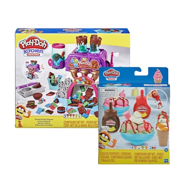 【Hasbro 孩之寶】培樂多黏土 廚房系列 - 糖果遊戲組+雙醬冰淇淋遊戲組-輕便版(HE9844+HF1190)