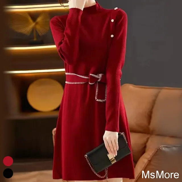 【MsMore】簡約時尚A字針織立領連身裙氣質黑色小香風紅色聖誕過年喜慶長袖修身中長版洋裝#114712(2色)