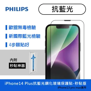 【Philips 飛利浦】iPhone 14 Plus 6.7吋 抗藍光9H鋼化玻璃保護貼-秒貼版(適用iPhone 13 Pro Max)