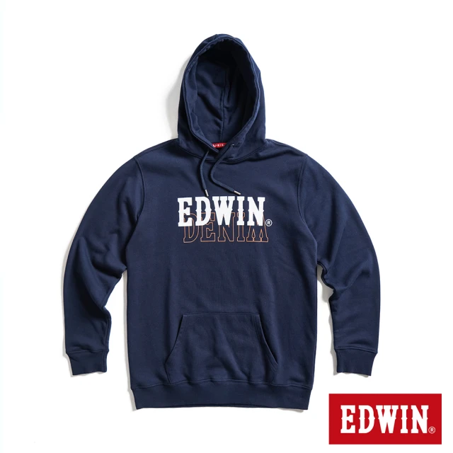 【EDWIN】人氣復刻款 疊印LOGO連帽厚長袖T恤-男款(丈青色)