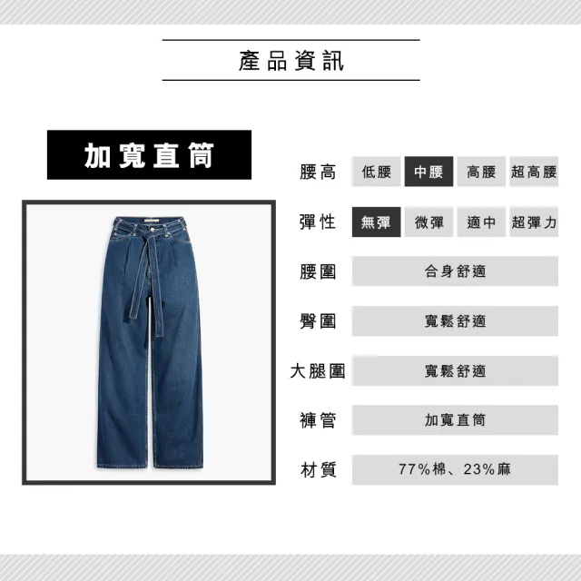 【LEVIS】Red工裝手稿風 女款 中腰打摺牛仔大寬褲 /腰間綁帶設計 /中藍 /寒麻纖維 熱賣單品