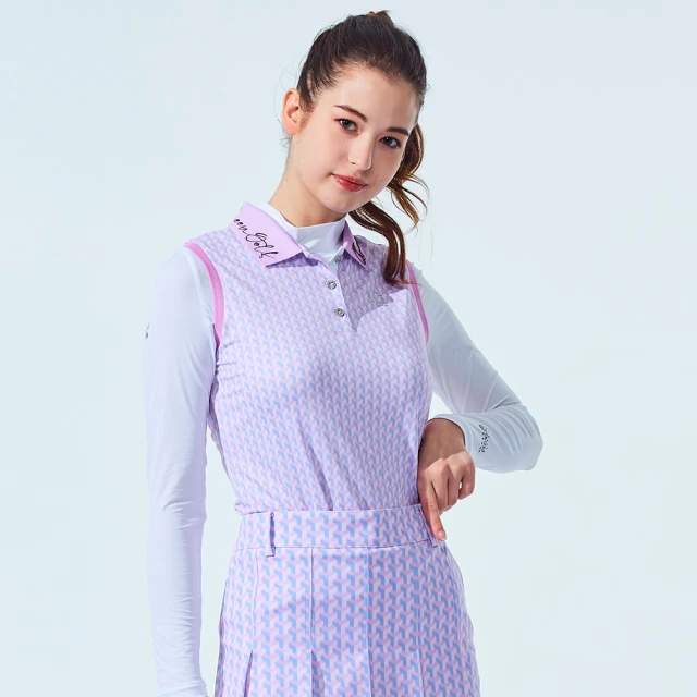 【KING GOLF】門市新品-女款滿版立體幾何印花兩件式長袖上衣POLO衫/高爾夫球衫(粉色)