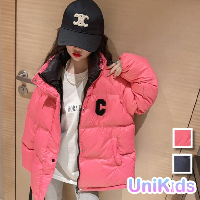 UniKids【UniKids】聖誕中大童簡約字母加厚立領長袖夾克外套 女大童 CV1987C(花粉 經典黑)