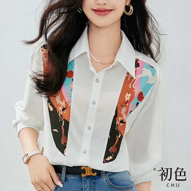 初色【初色】中式典雅印花設計襯衫上衣-白色-63723(M-2XL可選)