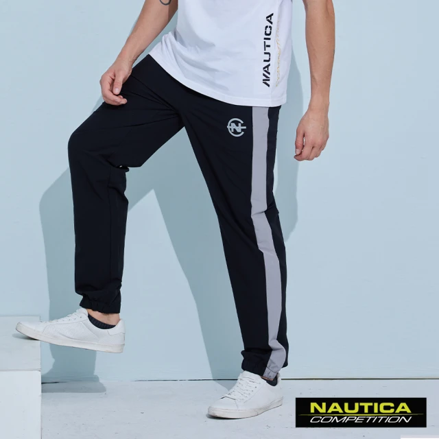 【NAUTICA】男裝 COMPETITION撞色防潑水運動縮口長褲(黑)