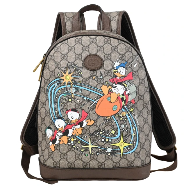 【GUCCI 古馳】限定DISNEY聯名款 雙G唐老鴨印花手提淑女包後背包(駝)