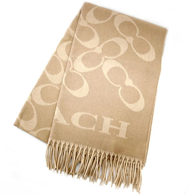 COACH【COACH】奶茶滿版LOGO喀什米爾羊毛義大利製大款披肩圍巾