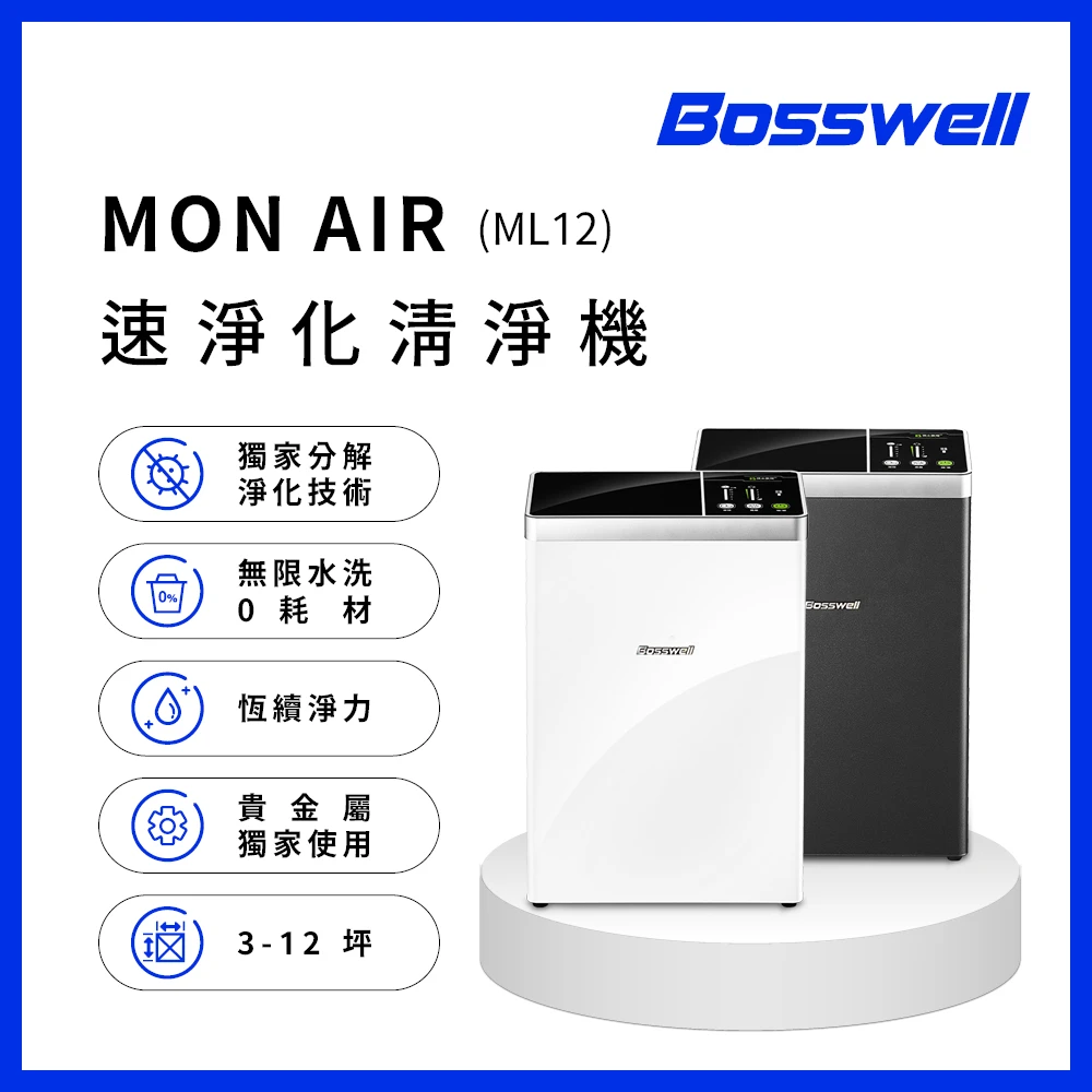 【BOSSWELL博士韋爾】MonAir零耗材空氣清淨機3-12坪(ML12 免耗材、電離滅菌、除過敏)