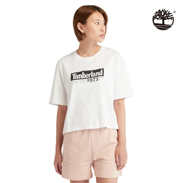 【Timberland】女款白色有機棉品牌LOGO寬版短袖T恤(A6AUZ100)